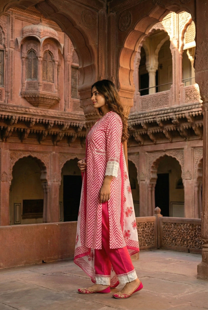 Magenta Cotton Chevron Printed Three Piece Set