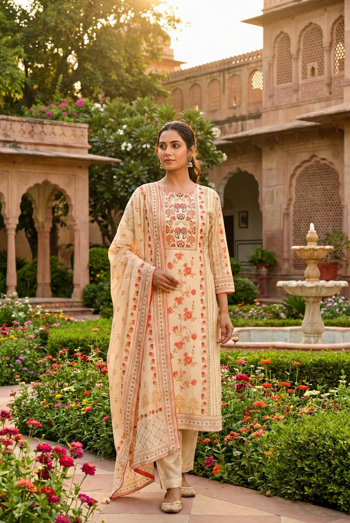 Cream Silk Floral Digital Printed Three Piece Set