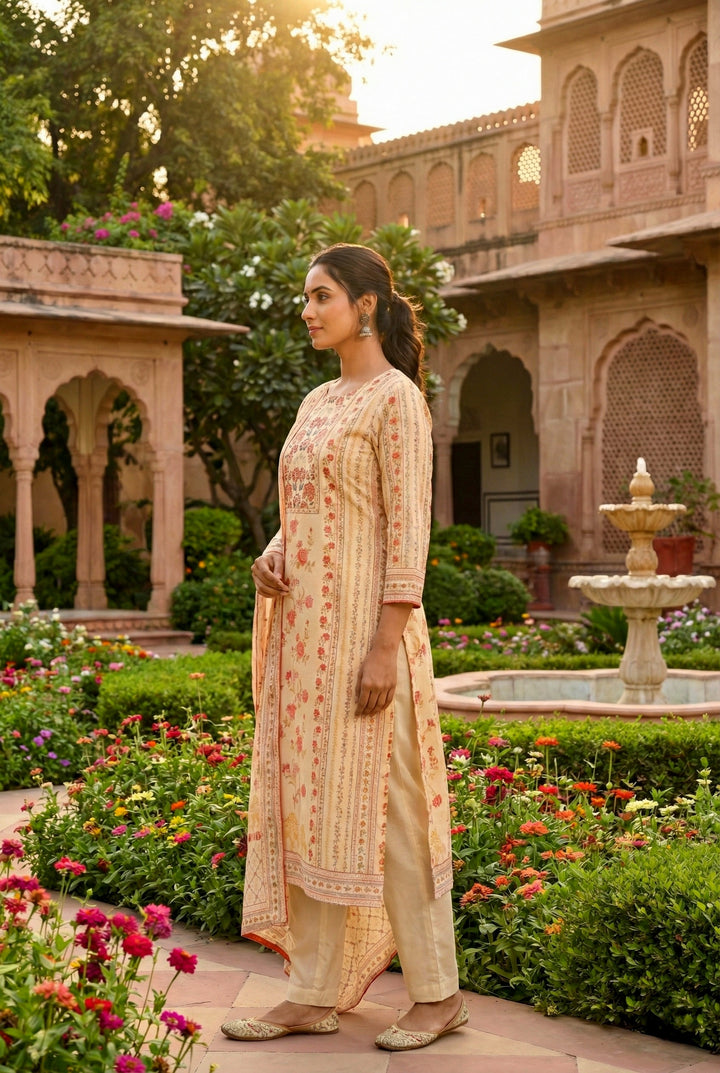 Cream Silk Floral Digital Printed Three Piece Set