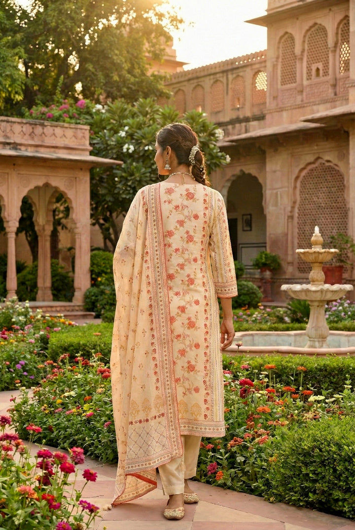 Cream Silk Floral Digital Printed Three Piece Set