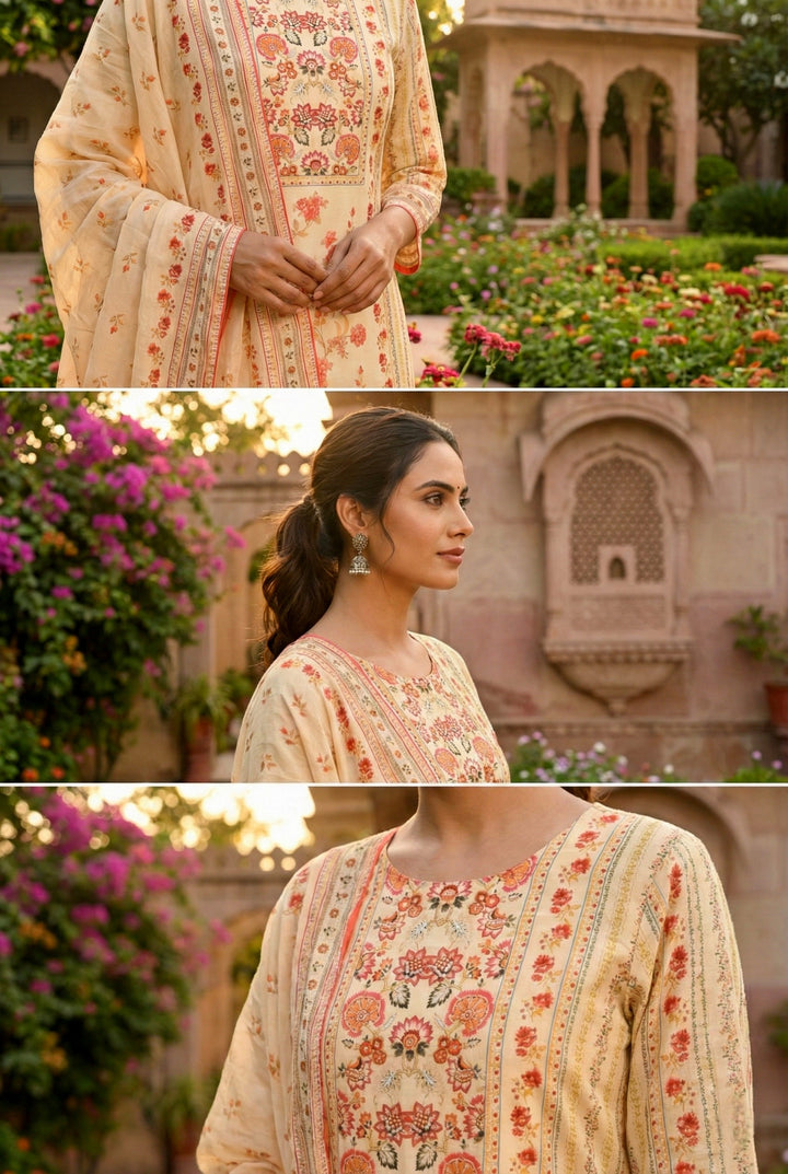 Cream Silk Floral Digital Printed Three Piece Set