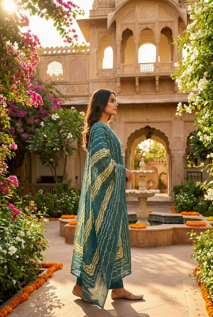 Teal Blue Cotton Three Piece Set