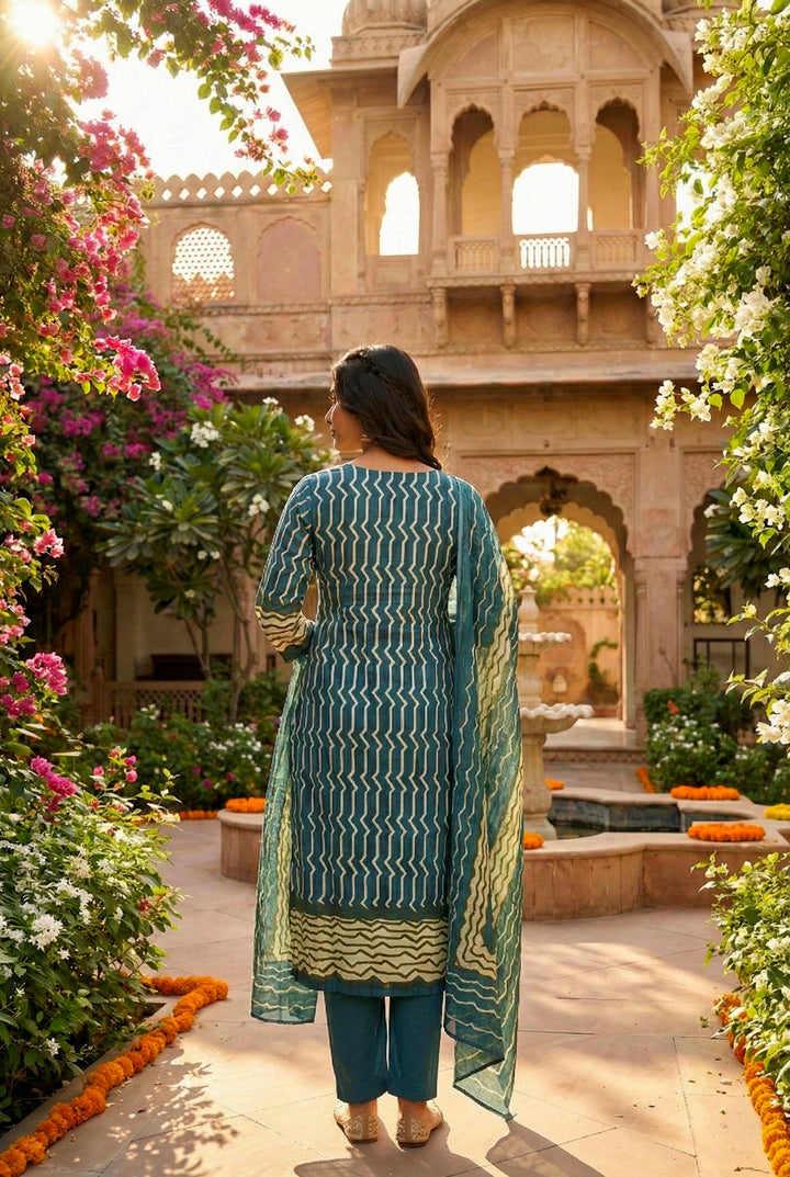 Teal Blue Cotton Three Piece Set