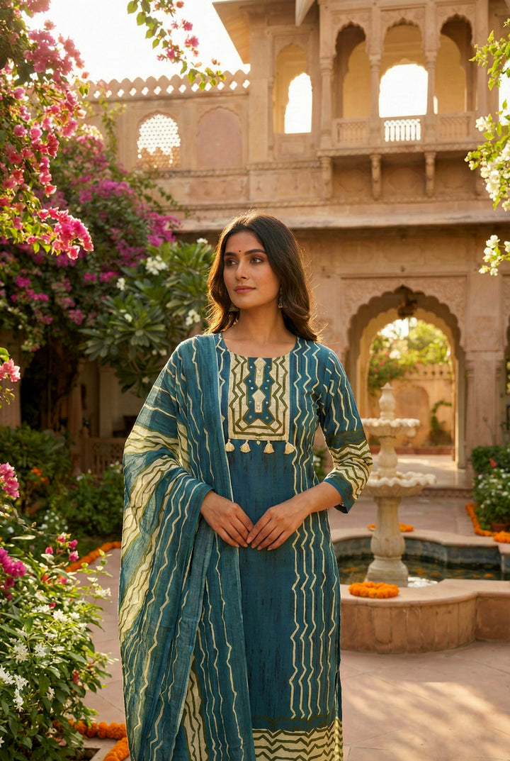 Teal Blue Cotton Three Piece Set