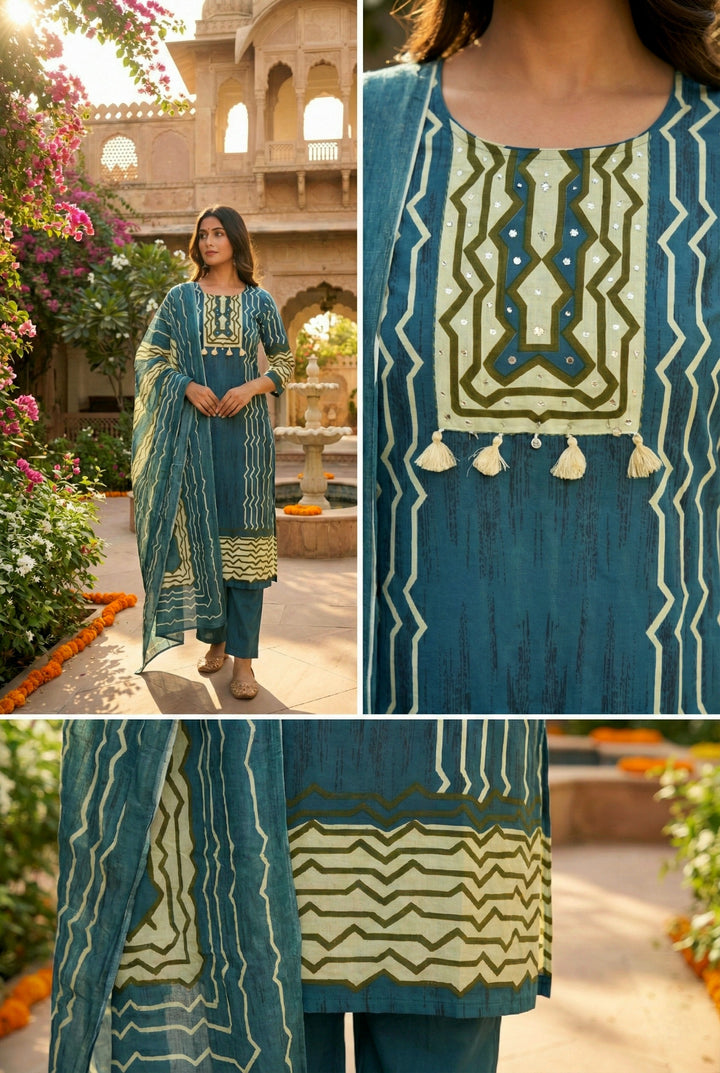 Teal Blue Cotton Three Piece Set