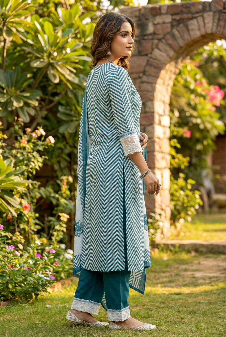 Teal Blue Cotton Chevron Printed Three Piece Set