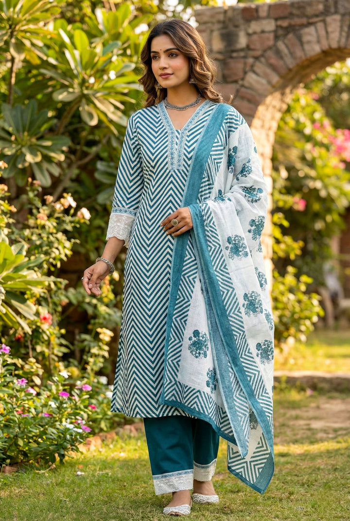 Teal Blue Cotton Chevron Printed Three Piece Set