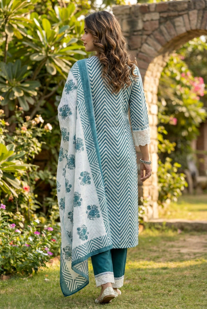 Teal Blue Cotton Chevron Printed Three Piece Set