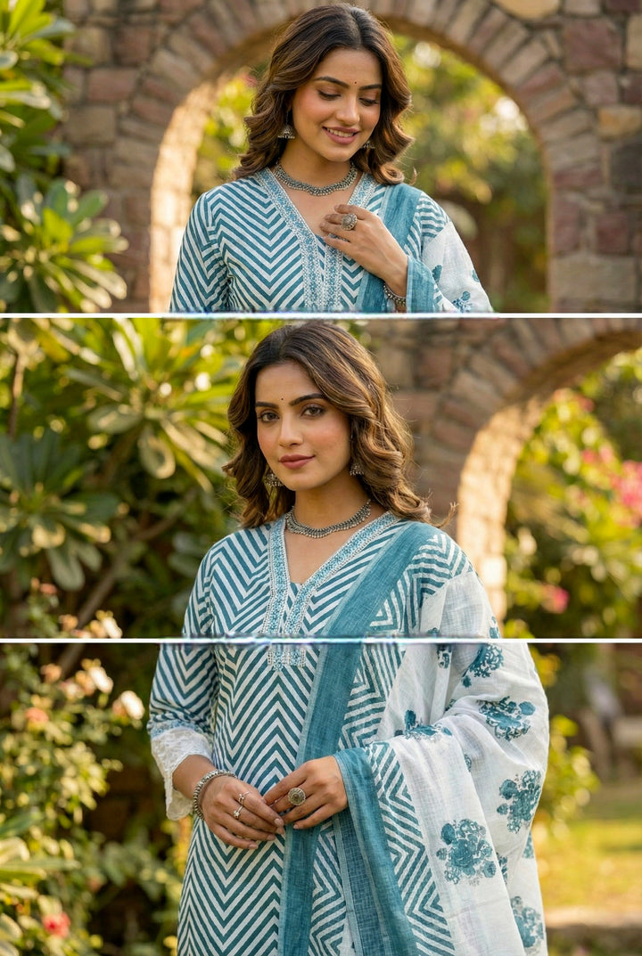 Teal Blue Cotton Chevron Printed Three Piece Set