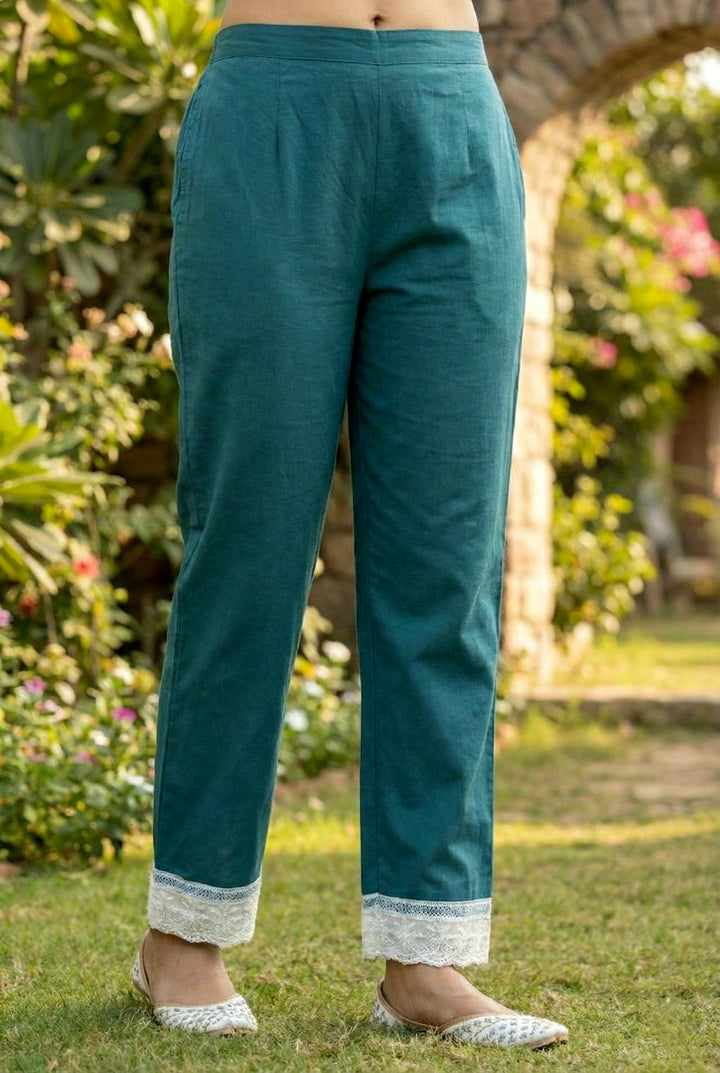 Teal Blue Cotton Chevron Printed Three Piece Set