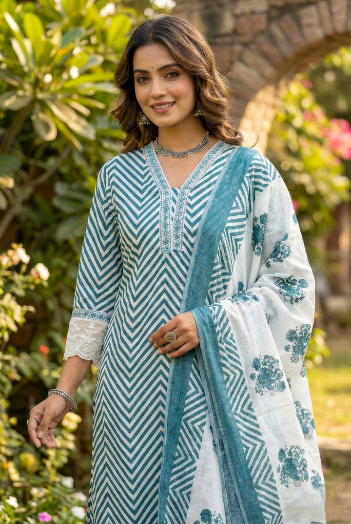 Teal Blue Cotton Chevron Printed Three Piece Set