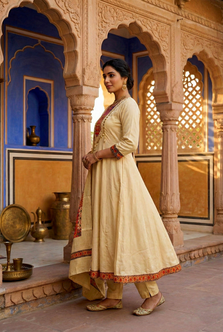 Beige Silk With Zari Embroidery And Digital Printed Suit Set