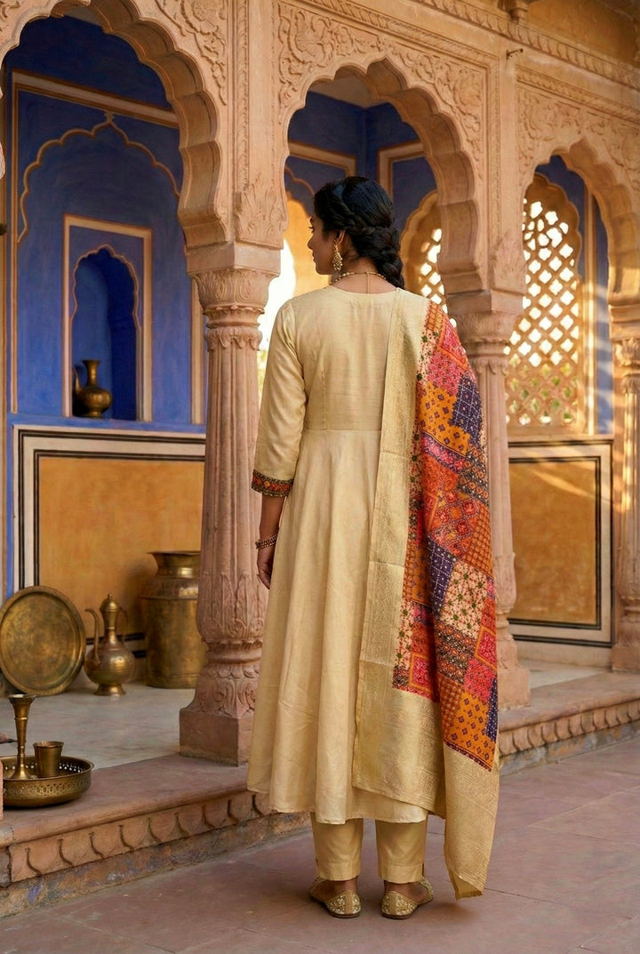 Beige Silk With Zari Embroidery And Digital Printed Suit Set