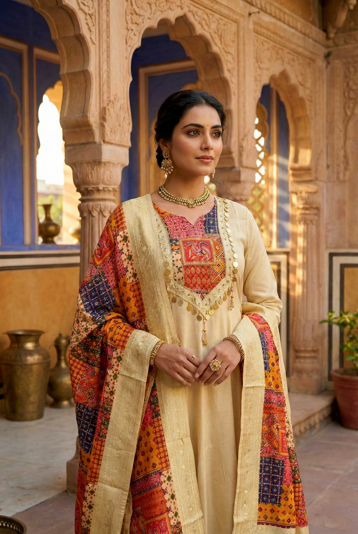Beige Silk With Zari Embroidery And Digital Printed Suit Set