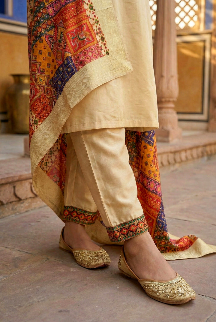 Beige Silk With Zari Embroidery And Digital Printed Suit Set