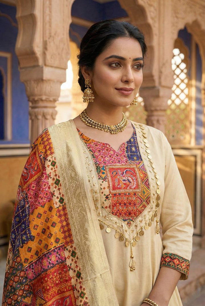 Beige Silk With Zari Embroidery And Digital Printed Suit Set