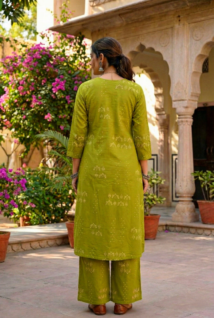Mehadi Green Cotton Printed Two Piece Set