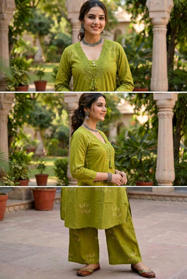 Mehadi Green Cotton Printed Two Piece Set