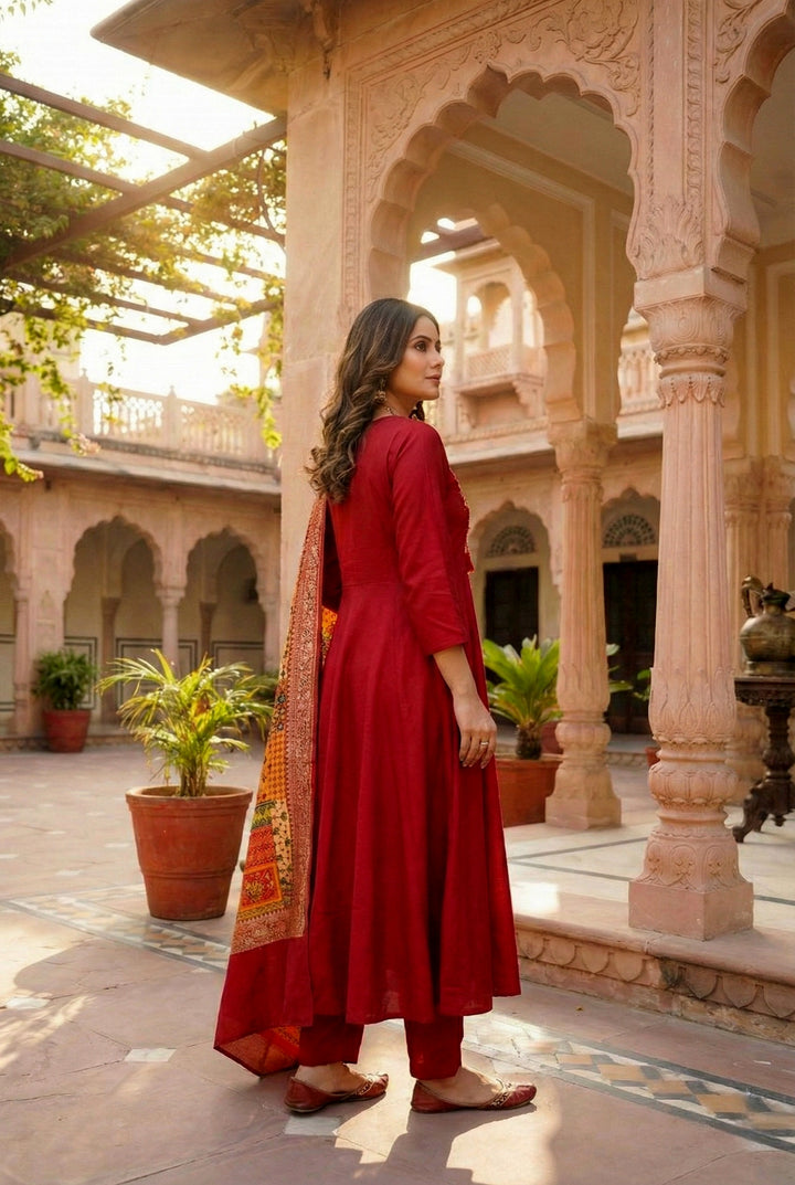 Maroon Silk With Zari Embroidery And Digital Printed Suit Set