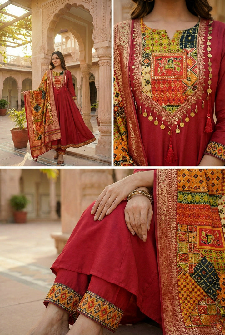 Maroon Silk With Zari Embroidery And Digital Printed Suit Set