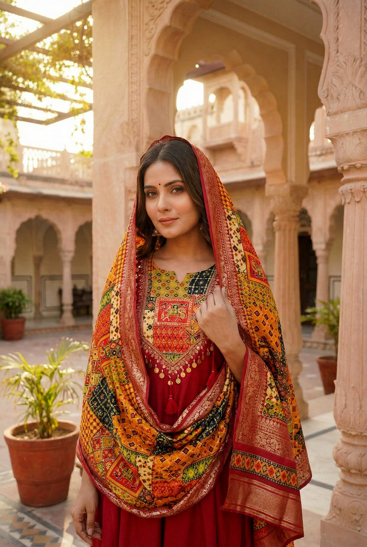 Maroon Silk With Zari Embroidery And Digital Printed Suit Set