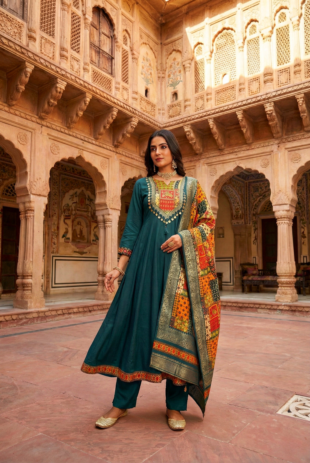 Neerus Green silk embroidered Anarkali suit set - front view