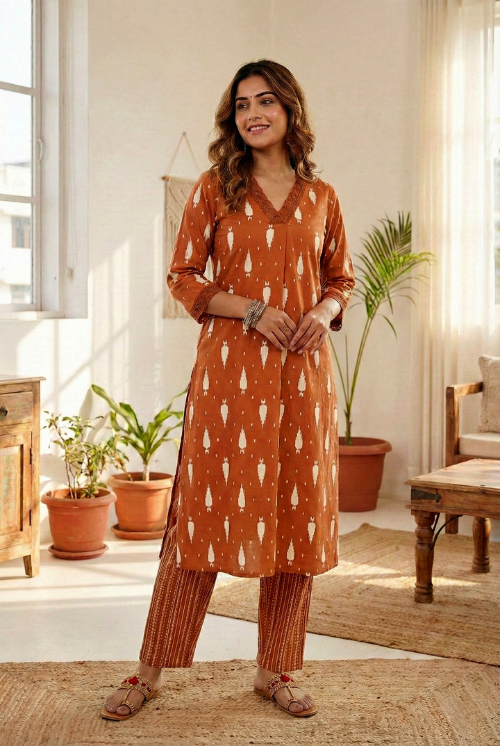 Rust Cotton Ethnic Motif Two Piece Set