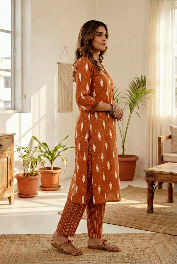 Rust Cotton Ethnic Motif Two Piece Set
