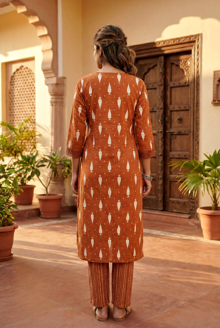 Rust Cotton Ethnic Motif Two Piece Set