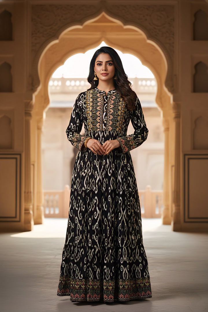 Black Rayon Digital Printed Long Dress