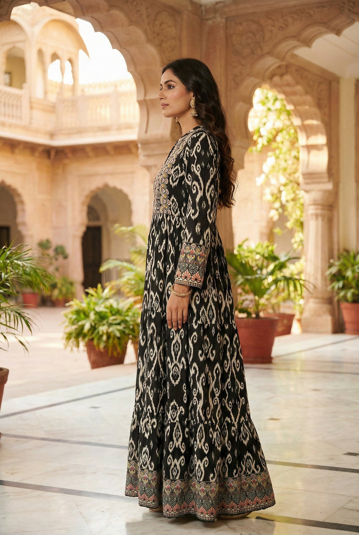 Black Rayon Digital Printed Long Dress
