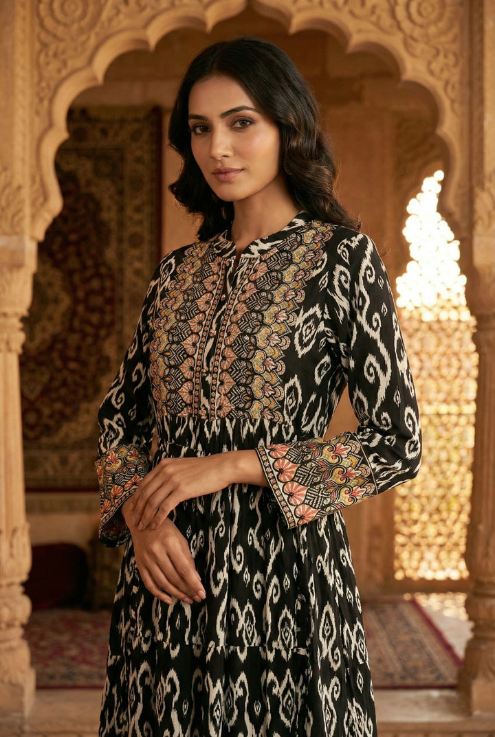 Black Rayon Digital Printed Long Dress