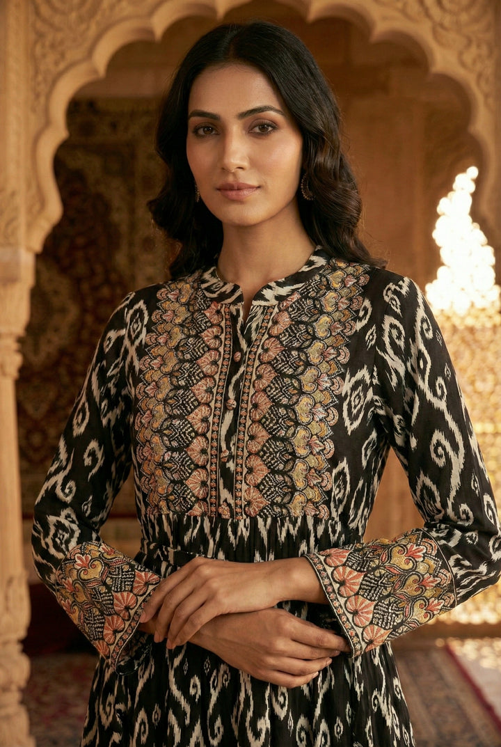 Black Rayon Digital Printed Long Dress