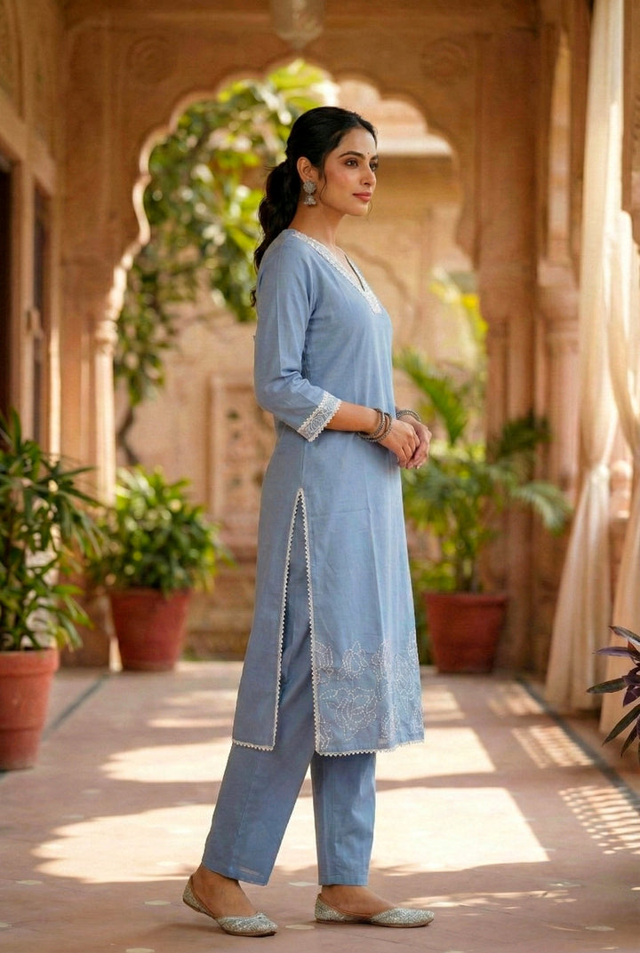 Sky Blue Cotton Thread Embroidery Two Piece Set