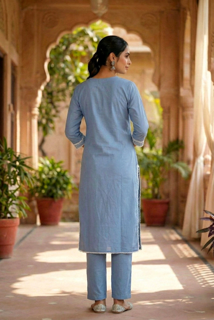 Sky Blue Cotton Thread Embroidery Two Piece Set