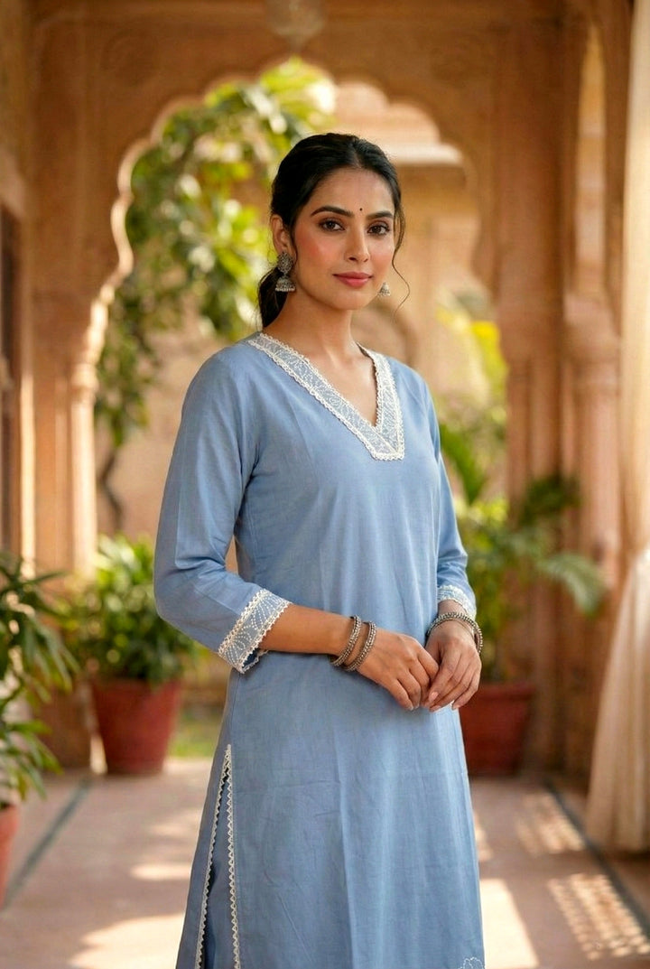 Sky Blue Cotton Thread Embroidery Two Piece Set