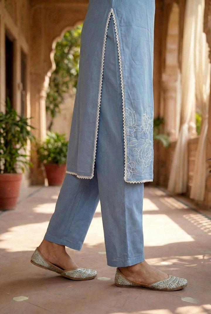 Sky Blue Cotton Thread Embroidery Two Piece Set