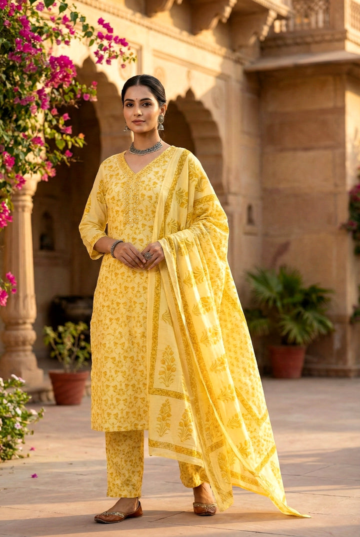 Yellow Cotton Sequins And Hand Embroidered Three Piece Set