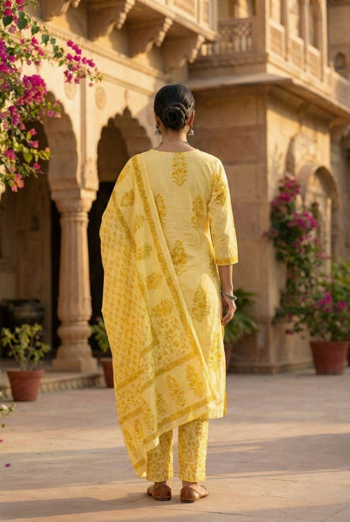 Yellow Cotton Sequins And Hand Embroidered Three Piece Set