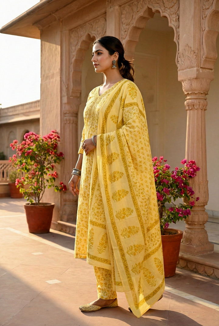 Yellow Cotton Sequins And Hand Embroidered Three Piece Set