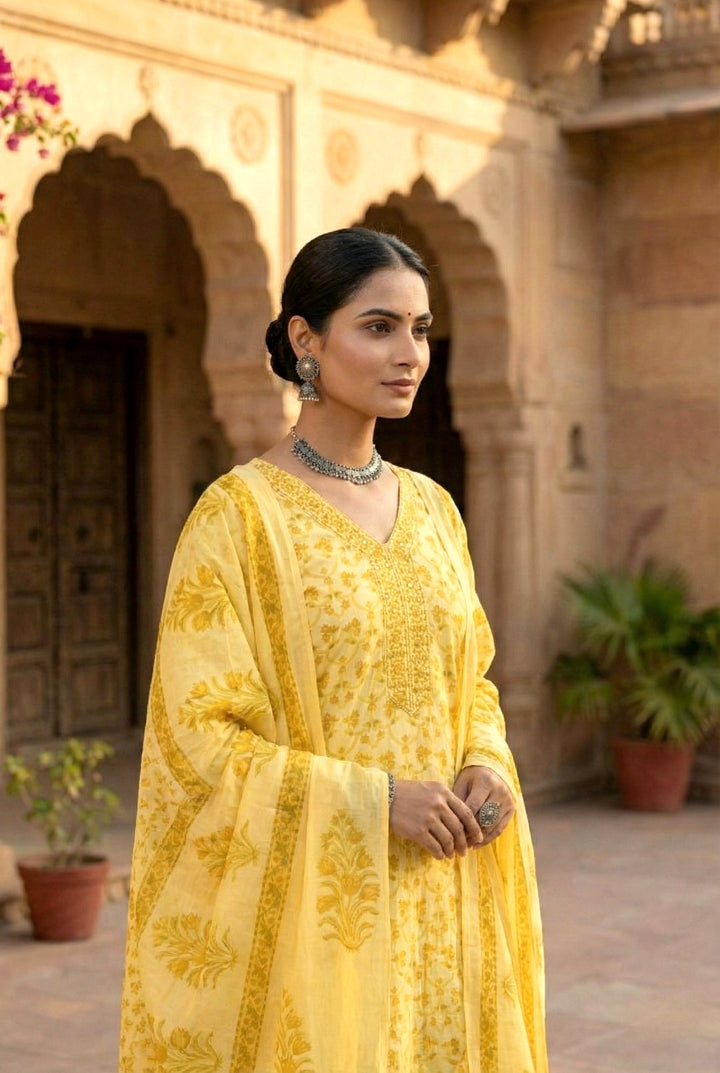 Yellow Cotton Sequins And Hand Embroidered Three Piece Set