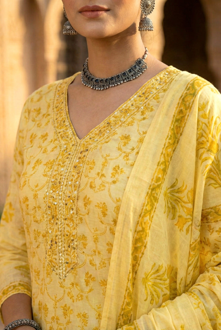 Yellow Cotton Sequins And Hand Embroidered Three Piece Set