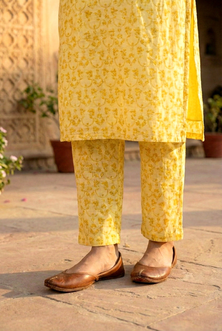 Yellow Cotton Sequins And Hand Embroidered Three Piece Set