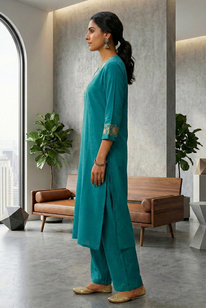 Ferozi Silk Floral Aari Embroidered Two Piece Set