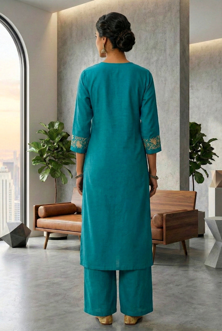 Ferozi Silk Floral Aari Embroidered Two Piece Set