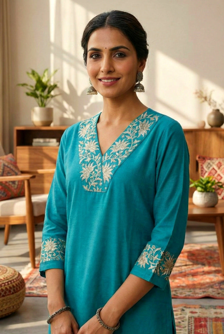 Ferozi Silk Floral Aari Embroidered Two Piece Set