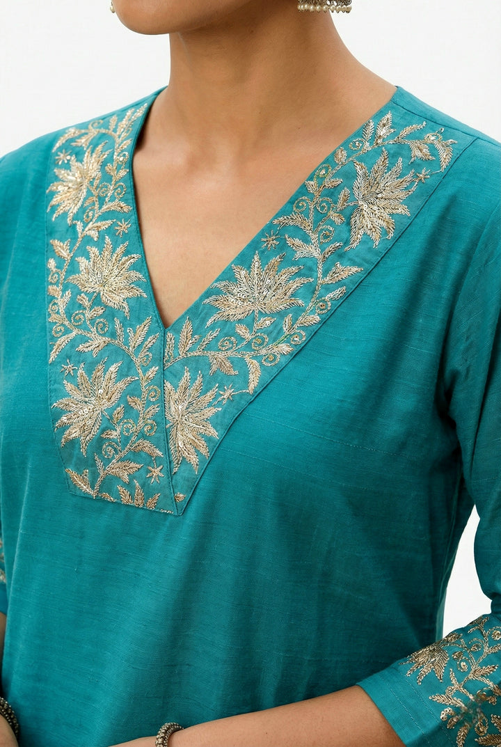 Ferozi Silk Floral Aari Embroidered Two Piece Set