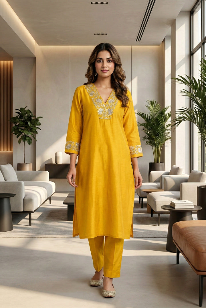 Mustard Silk Floral Aari Embroidered Two Piece Set