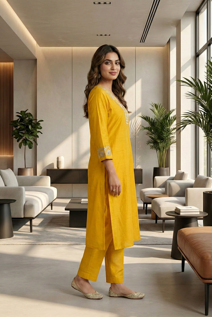 Mustard Silk Floral Aari Embroidered Two Piece Set