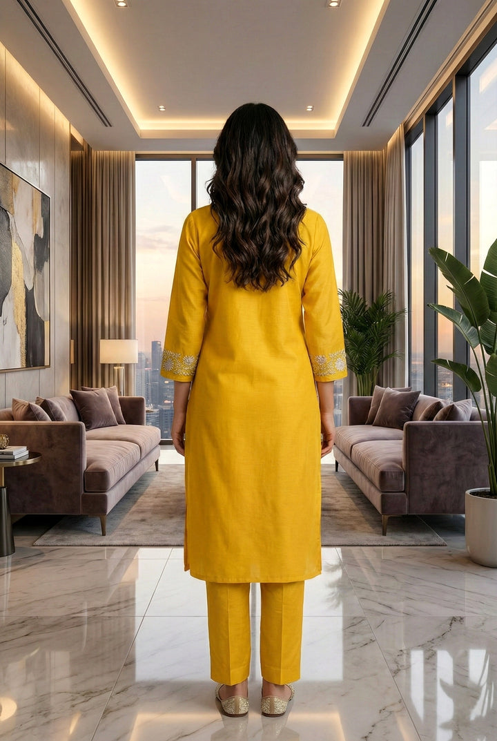 Mustard Silk Floral Aari Embroidered Two Piece Set